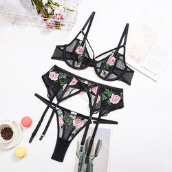 Embroidery Flowers Lingerie Sexy Mesh Women Lingerie Lace Three-piece Erotic Set