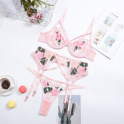 Embroidery Flowers Lingerie Sexy Mesh Women Lingerie Lace Three-piece Erotic Set