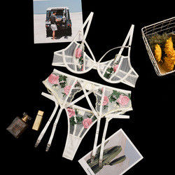 Embroidery Flowers Lingerie Sexy Mesh Women Lingerie Lace Three-piece Erotic Set