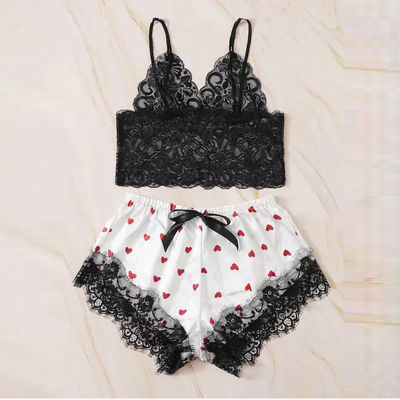 2 Pieces Sweet Heart Print Sexy Underwear Lace Short Sleeve Satin Sexy Lingerie Suit