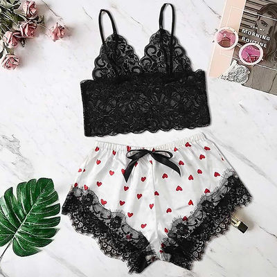 2 Pieces Sweet Heart Print Sexy Underwear Lace Short Sleeve Satin Sexy Lingerie Suit