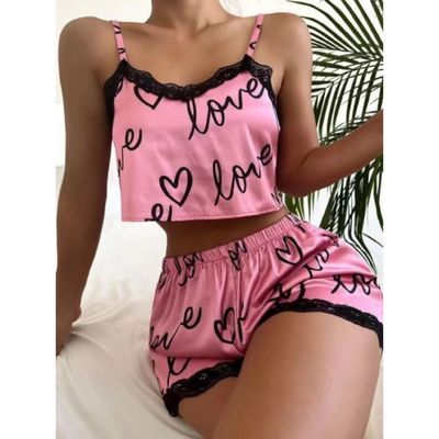Ladies Cute Heart Print Sleepwear Leisure Wear Lingerie Shorts Pajama Sets For Women