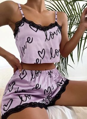 Ladies Cute Heart Print Sleepwear Leisure Wear Lingerie Shorts Pajama Sets For Women
