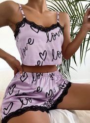 Ladies Cute Heart Print Sleepwear Leisure Wear Lingerie Shorts Pajama Sets For Women