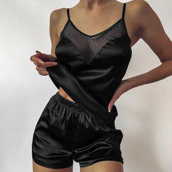 Sexy Silky Satin Pajamas Black Mesh Lace V-Neck Vest Sleepwear For Women Lingerie