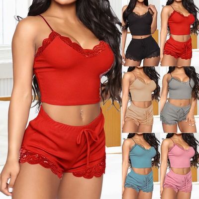 2 Piece Ladies Comfortable Sling Solid Sexy Lace Sleepwear Suit Seductive Pajama Sets